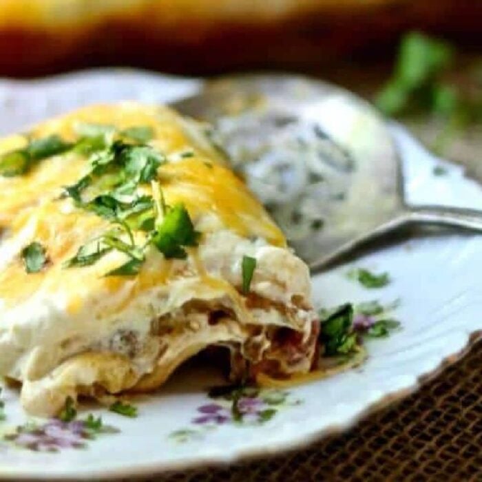 Closeup of the burrito casserole showing the creamy layers.