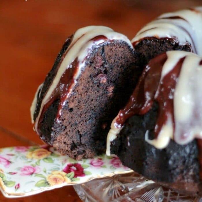 A slice being removed from chocolate kahlua cake.