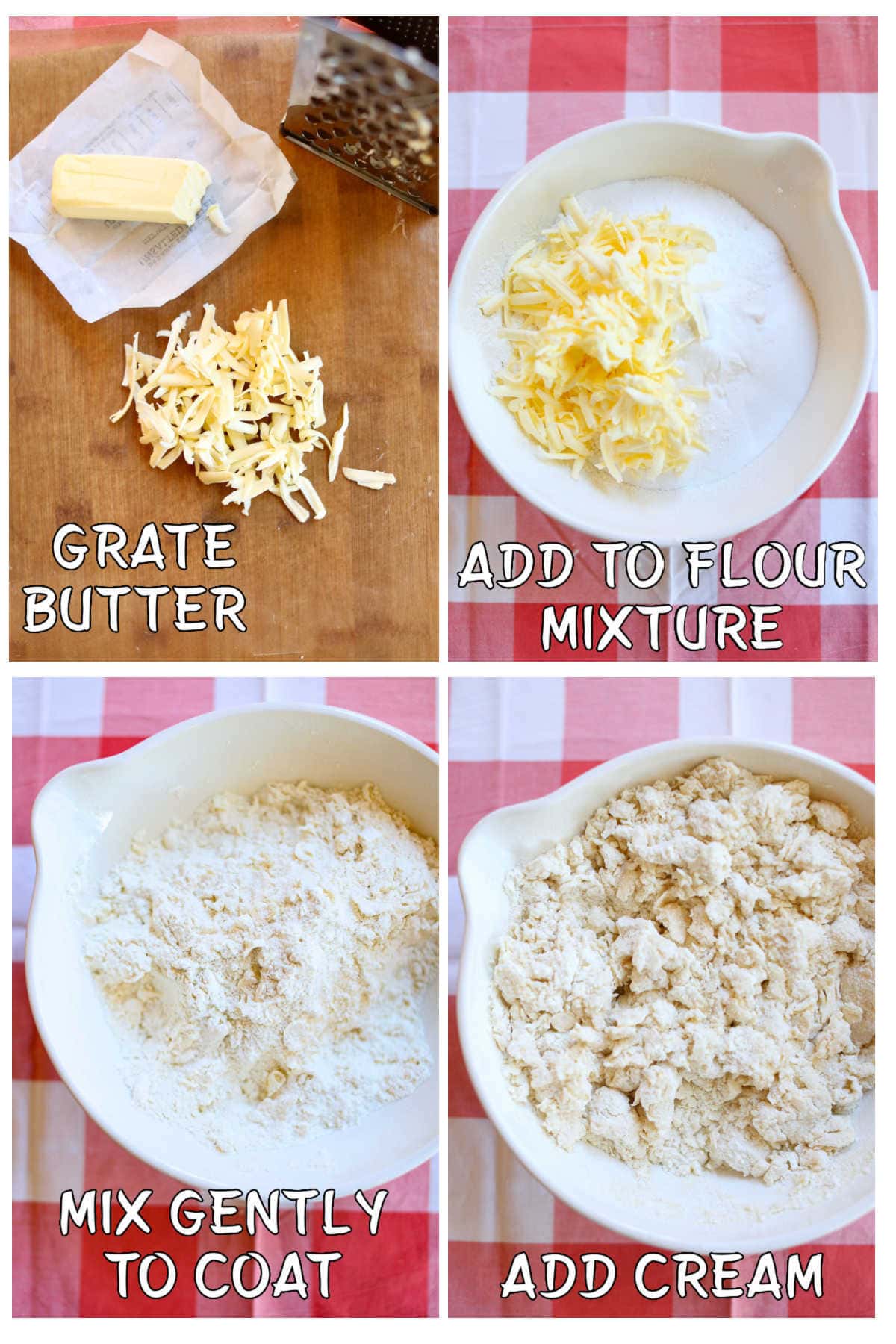 Step by step images in a collage of how to mix the dough for scones.