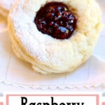 Two round scones with raspberry jam in the center. Text overlay for Pinterest.