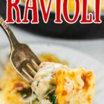Serving of ravioli on a fork with text overlay for Pinterest.