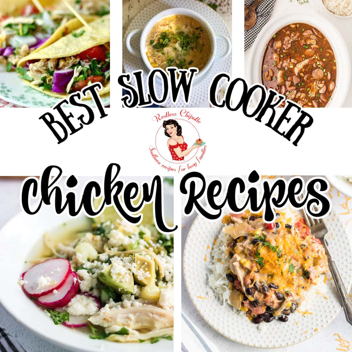 Collage of 5 easy slow cooker chicken recipes with text overlay.