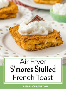 A plate of French toast garnished with whipped cream and chocolate. Title text overlay.