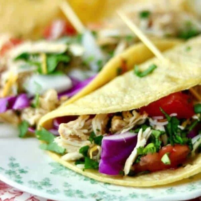 Closeup of tequila lime chicken tacos.