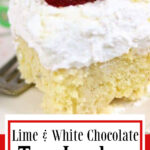 Close up of tres leches cake with a title text overlay for Pinterest.