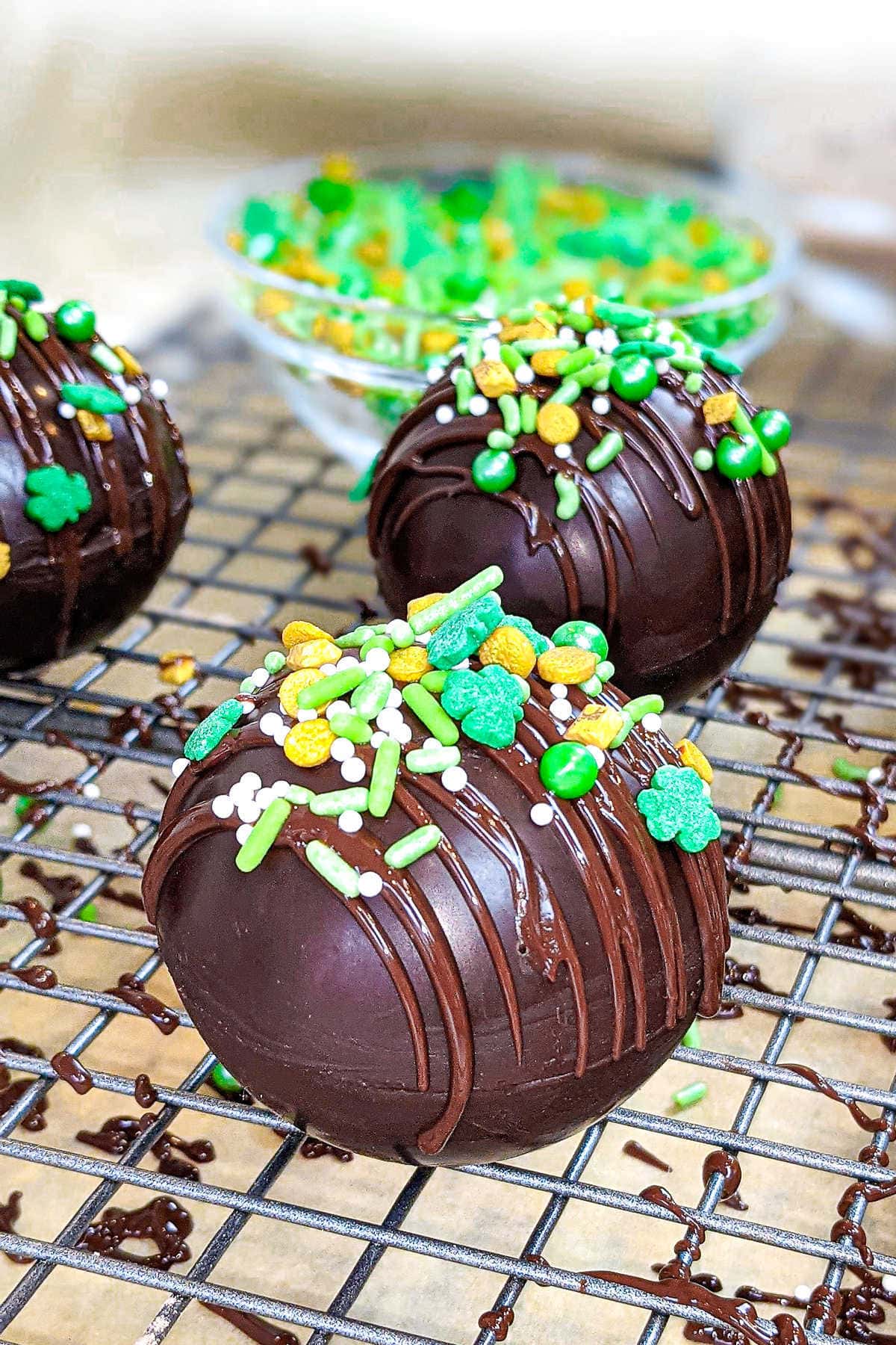 Closeup of finished Irish cream hot chocolate bombs.