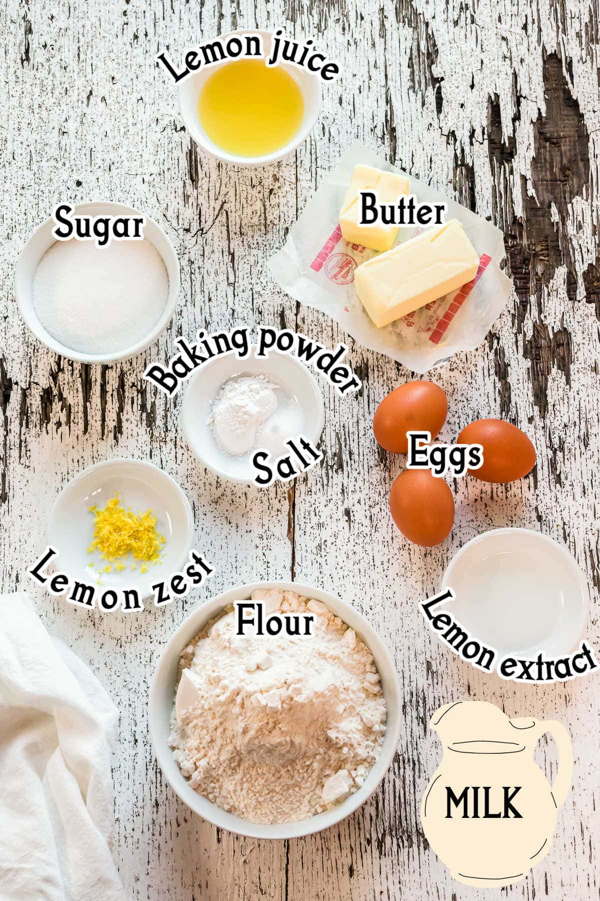 Labeled ingredients for lemon cake.