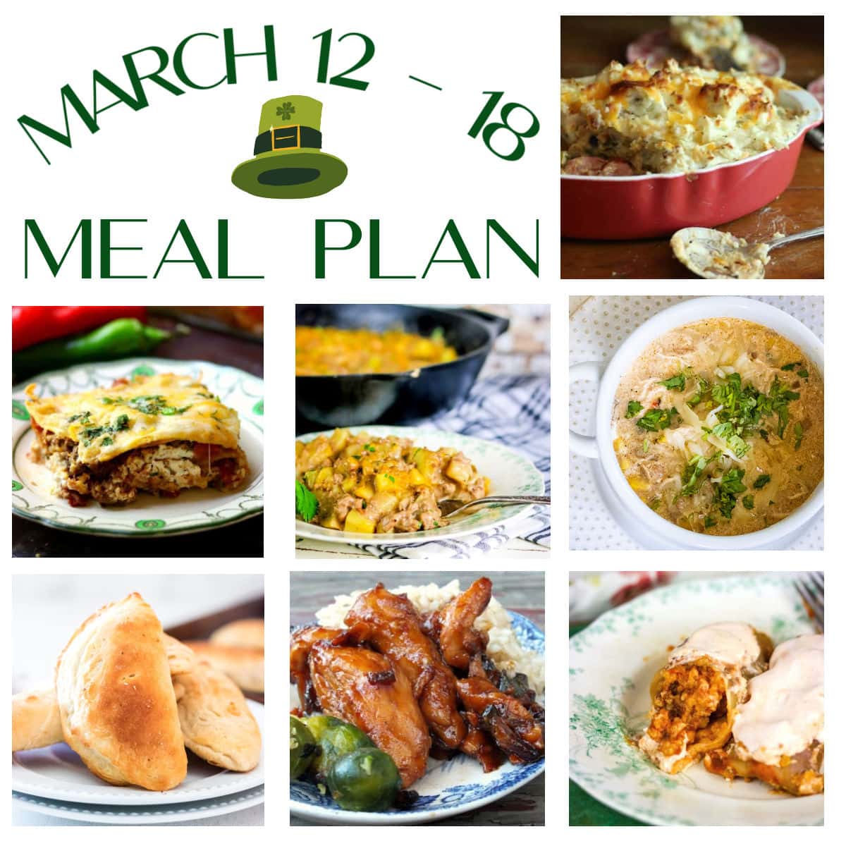 Collage of main dishes from the March 12-18 meal plan.