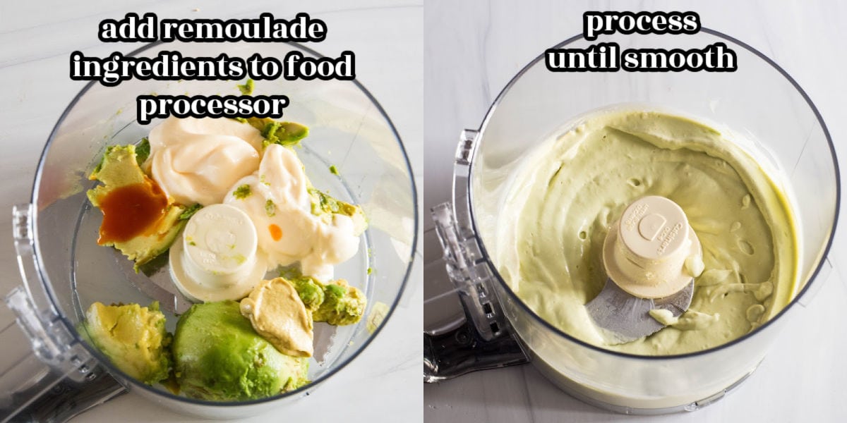Process shots showing how to make avocado remoulade.