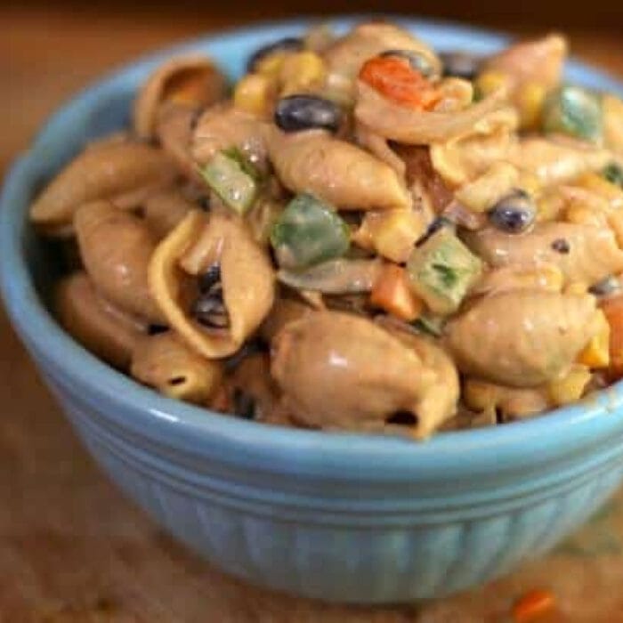 BBQ macaroni salad in a bowl.