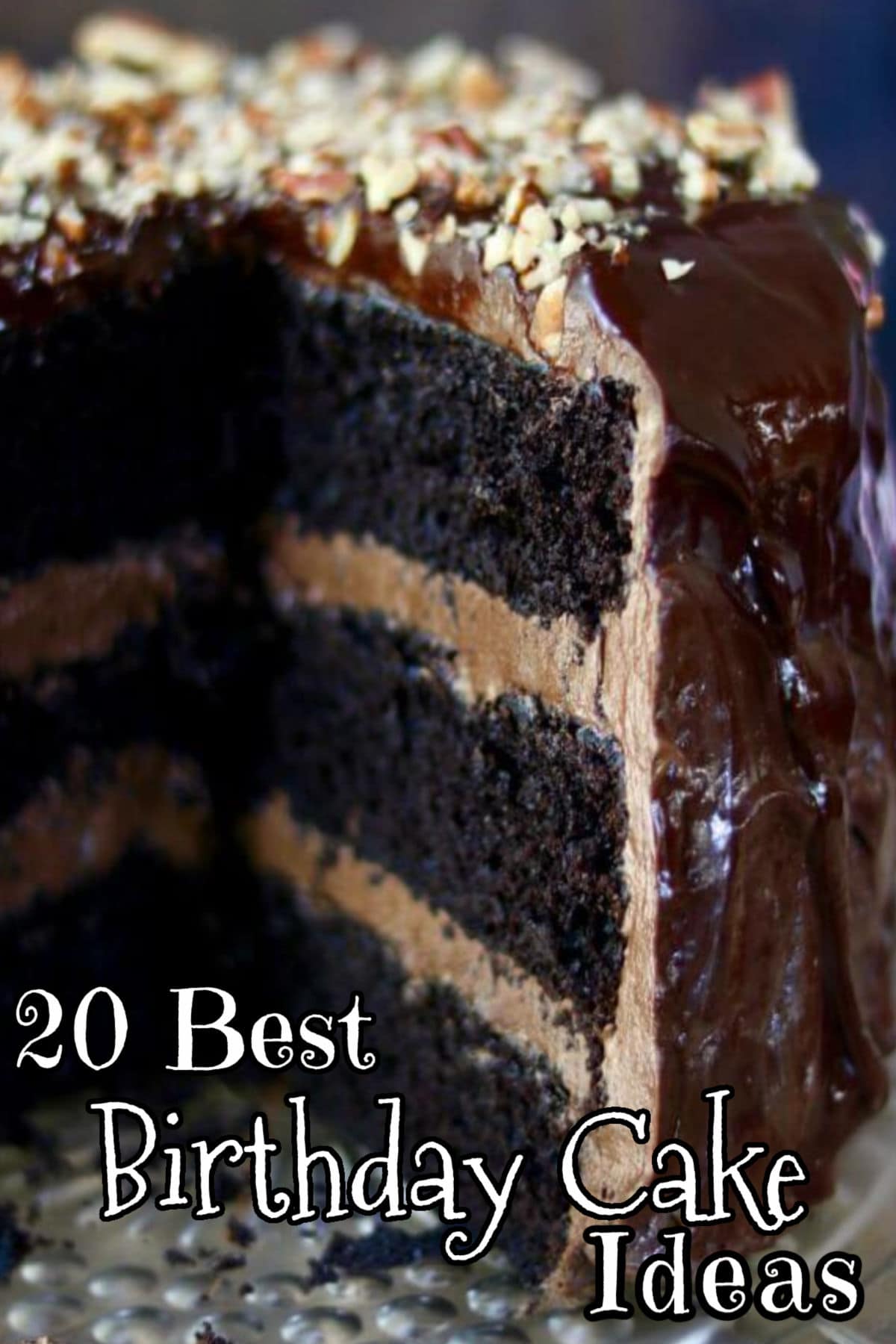 A triple chocolate layer cake with chocolate icing. Title text overlay.