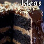 Chocolate layer cake with title text overlay for pinning to Pinterest.