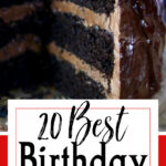 Chocolate layer cake with title text overlay for Pinterest.