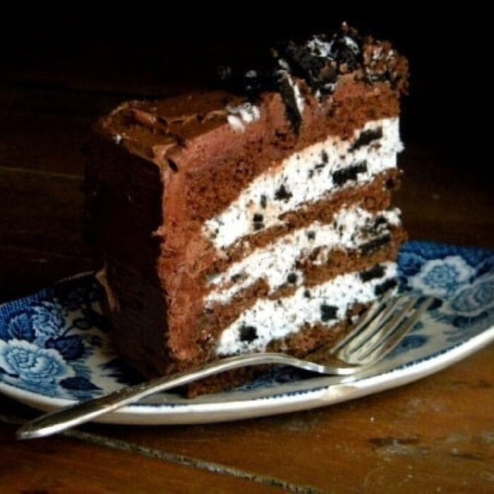 Chocolate layer cake with cookies and cream filling