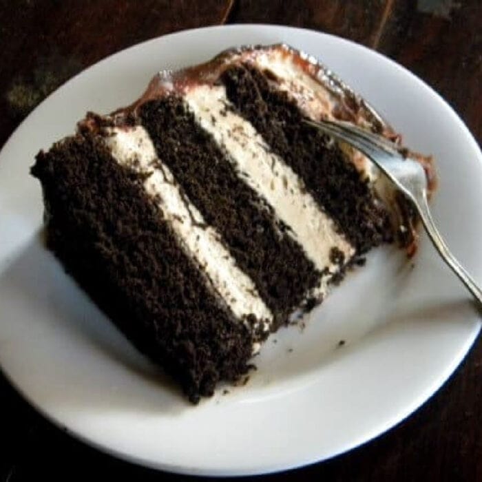 Slice of burnt sugar fudge layer cake with peanut butter mousse filling and frosting.