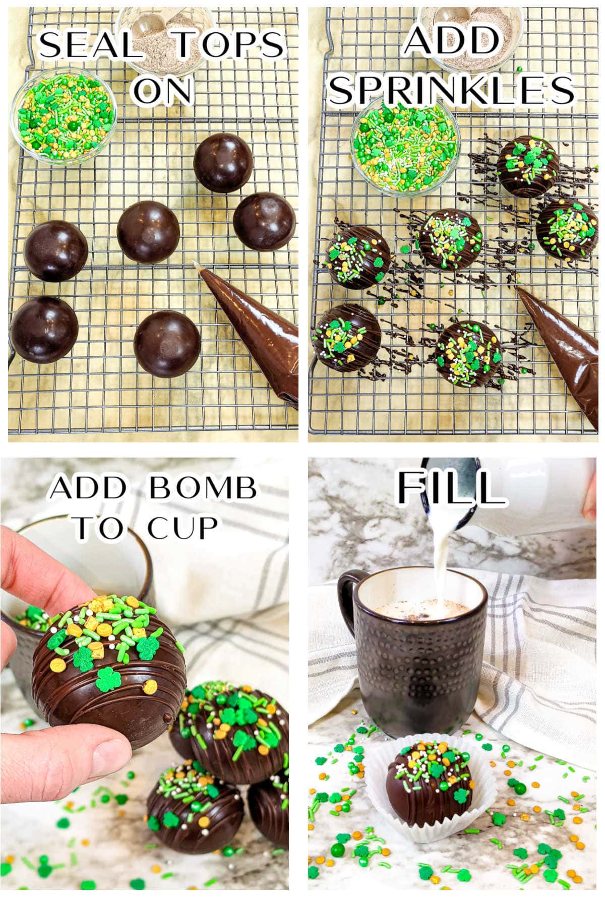 Step by step images for decorating hot chocolate bombs.