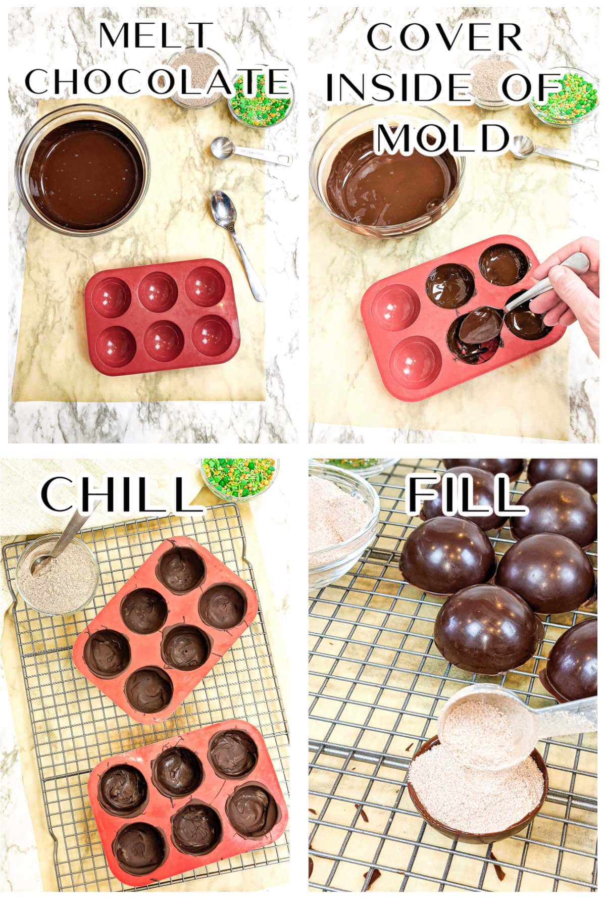 Step by step images to make the hot chocolate bombs shell.