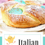 Easter egg bread on a plate with stylized text overlay for Pinterest.