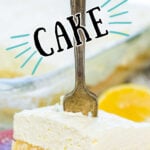 A square of cake with a fork stuck in it. Title text overlay for Pinterest.
