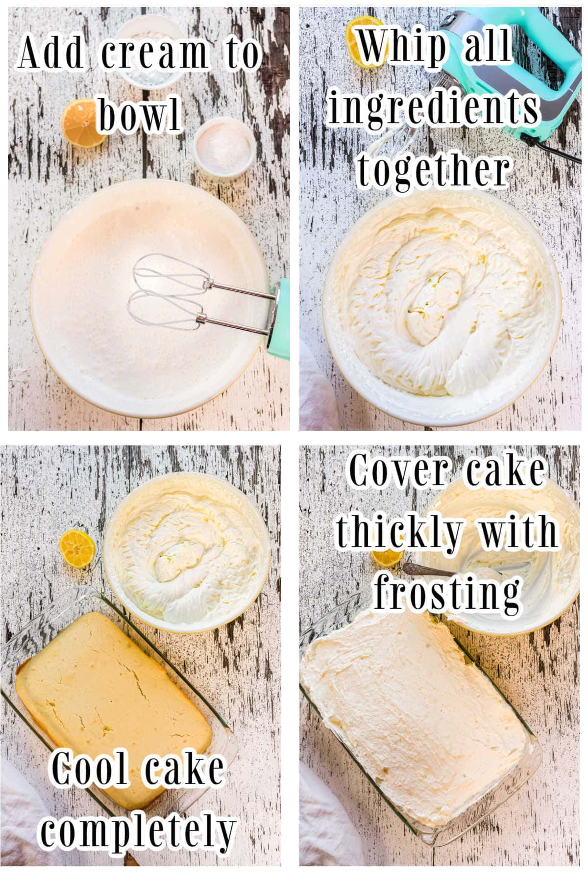 Step by step images for making lemon cream frosting.