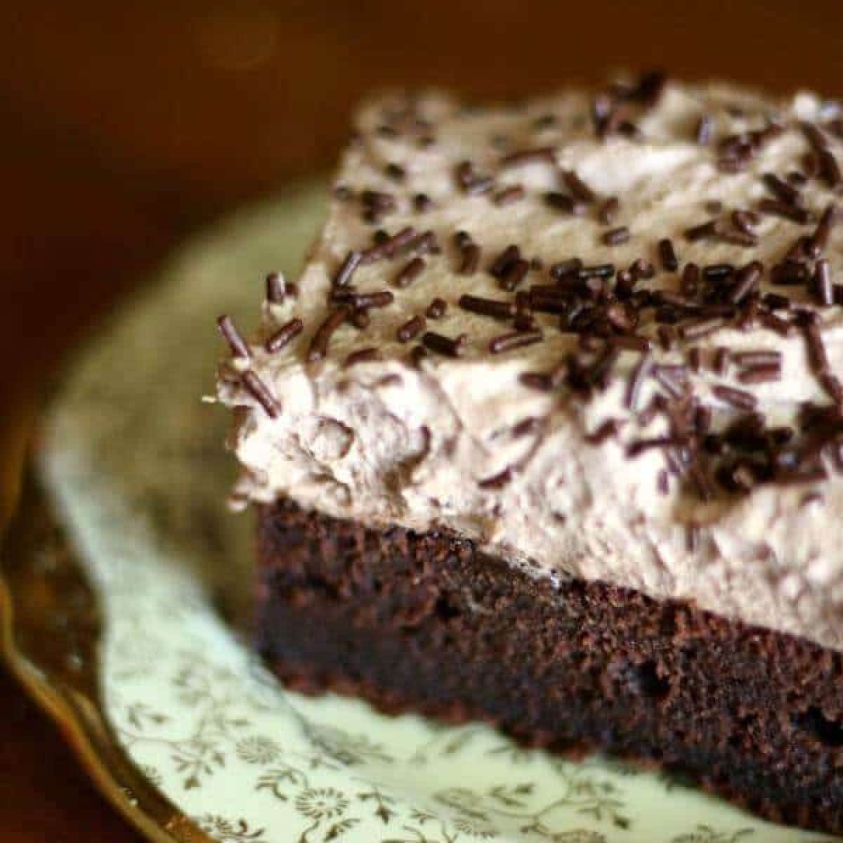 Square serving of chocolate sheet cake with whipped icing.