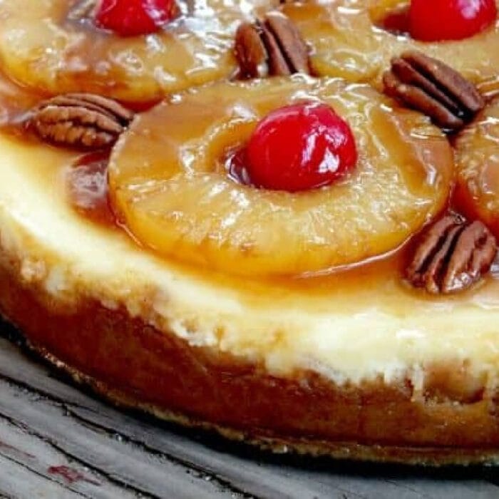 A closeup of pineapple cheesecake.