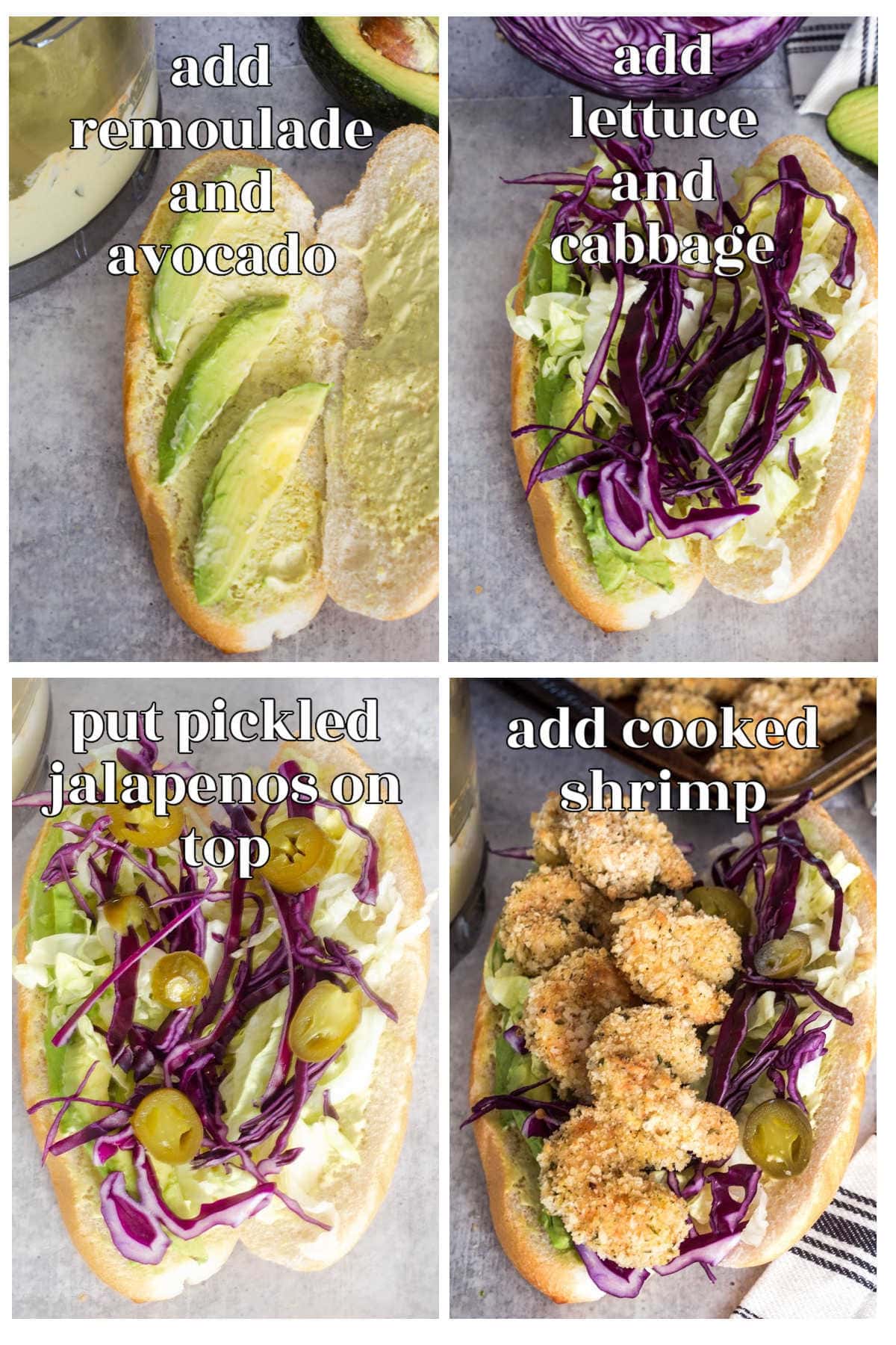 Steps for putting the Shrimp Po' Boy sandwich together.