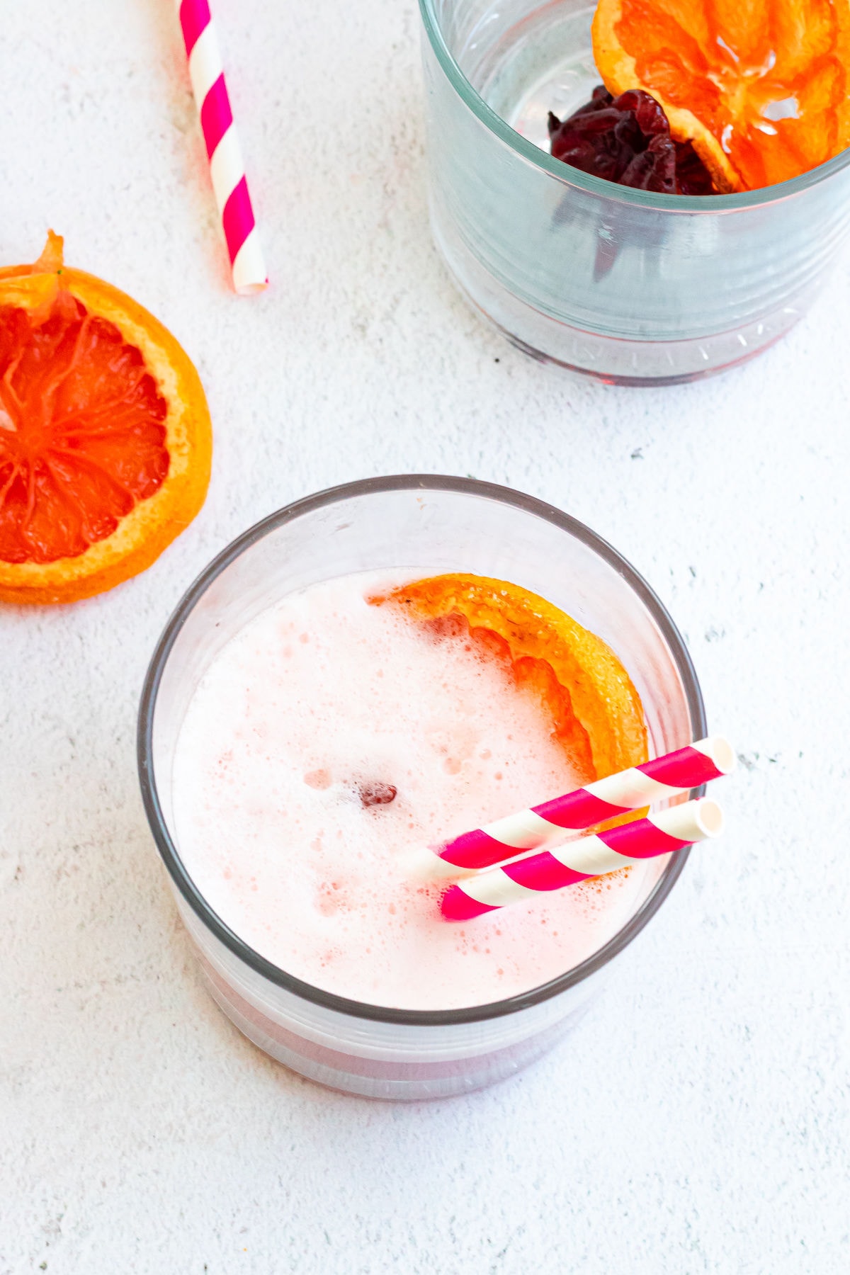 Overhead view of the grapefruit tequila sour cocktail.