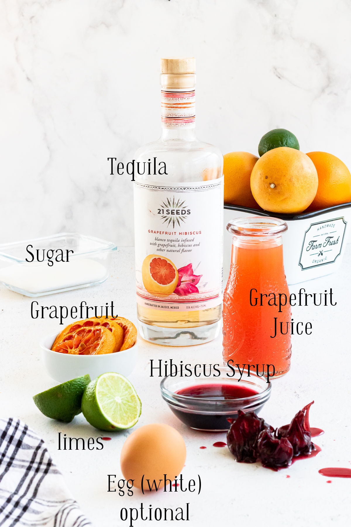 Labeled ingredients for the tequila sour.