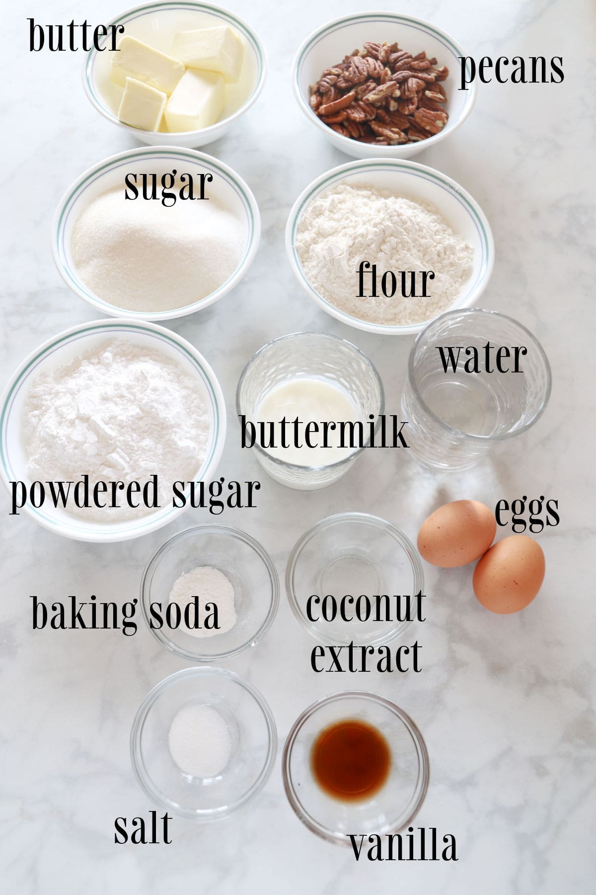 Labeled ingredients for white Texas sheet cake.