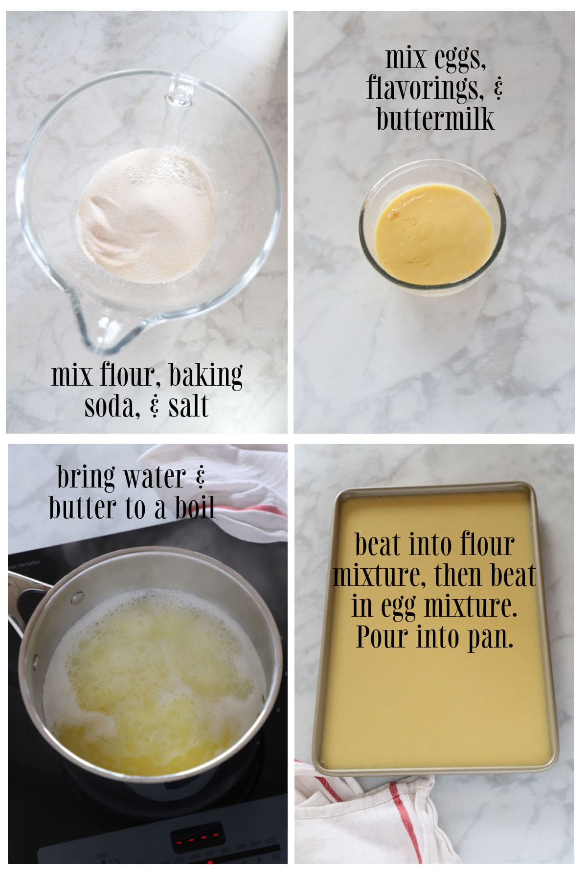 Step by step images for making white Texas sheet cake.