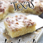 A square of white Texas sheet cake in a baking pan.