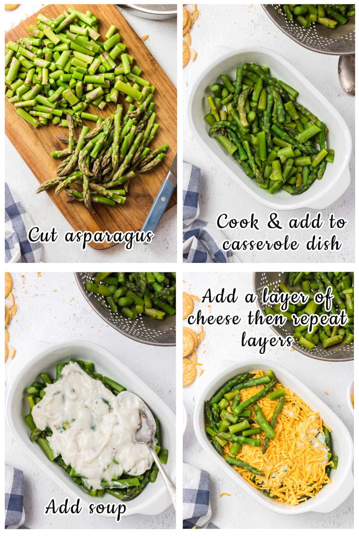 Step by step images showing how to make asparagus casserole.