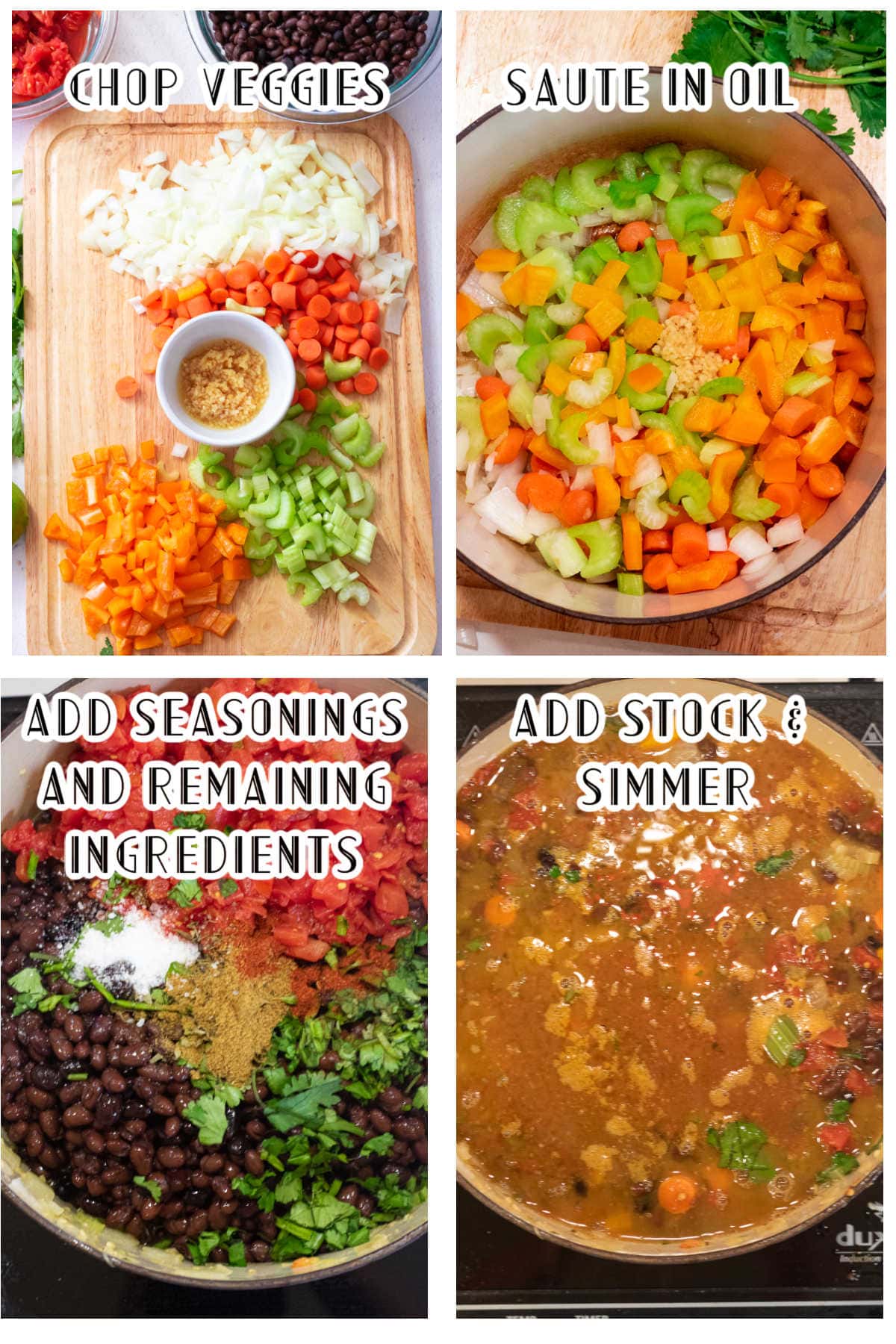 Step by step images showing how to make black bean soup.