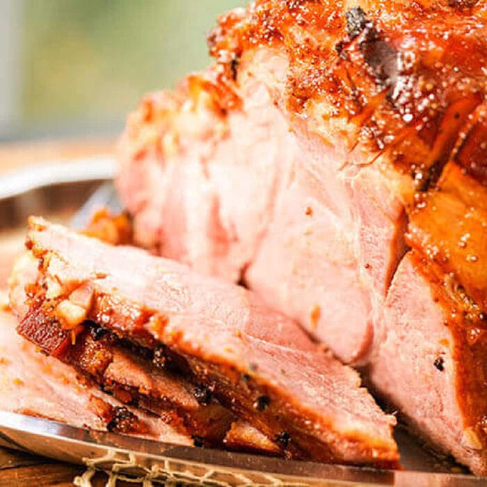 Sliced ham on a plate.