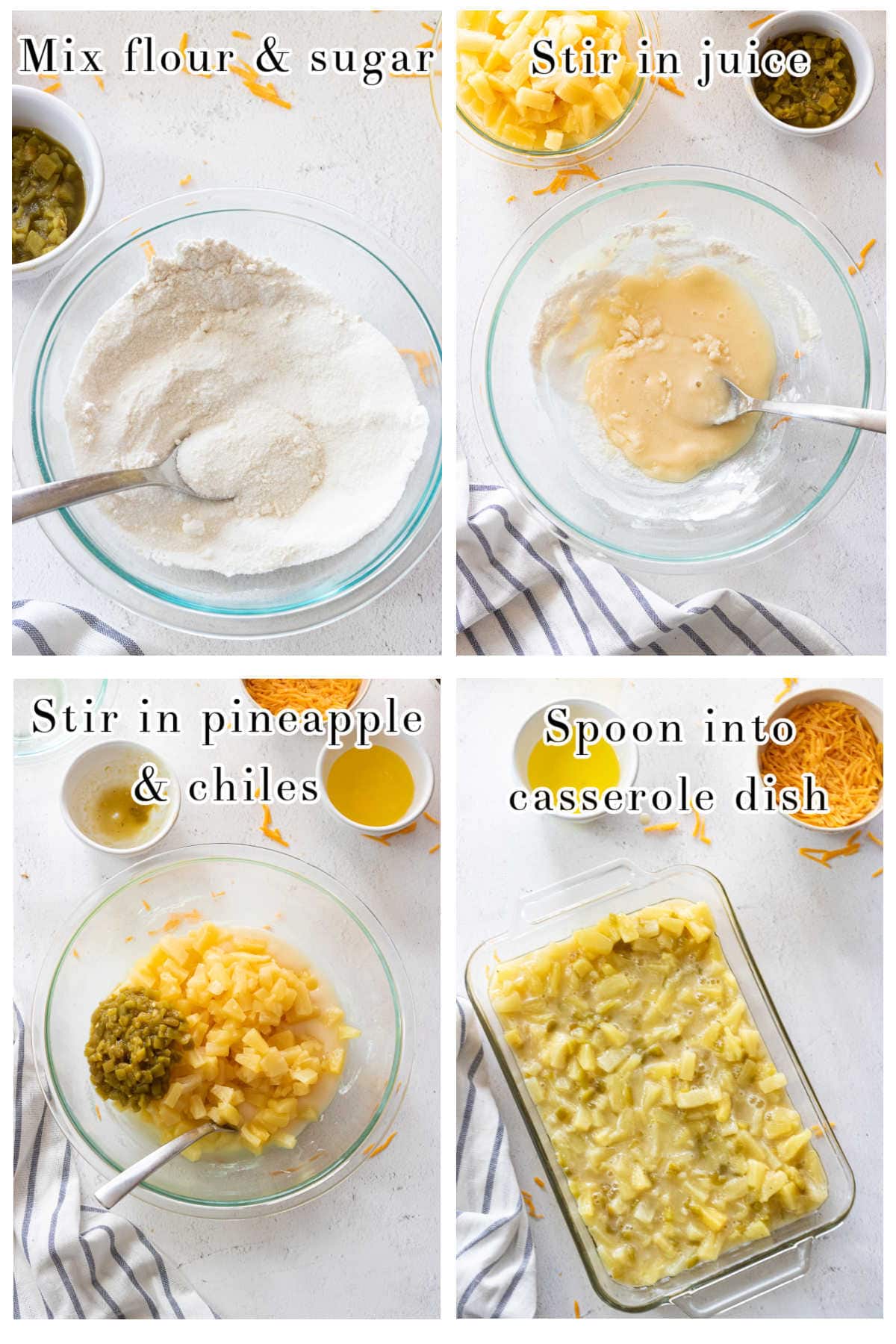 Step by step images for making pineapple cheese casserole.