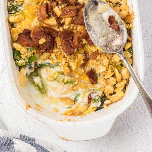 Overhead closeup of the asparagus and cheese casserole.