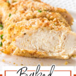 A close up of a piece of chicken sliced open to see the juicy interior. Title text overlay for Pinterest.