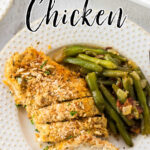 A plate with the chicken and green beans on it. Title text overlay for Pinterest.