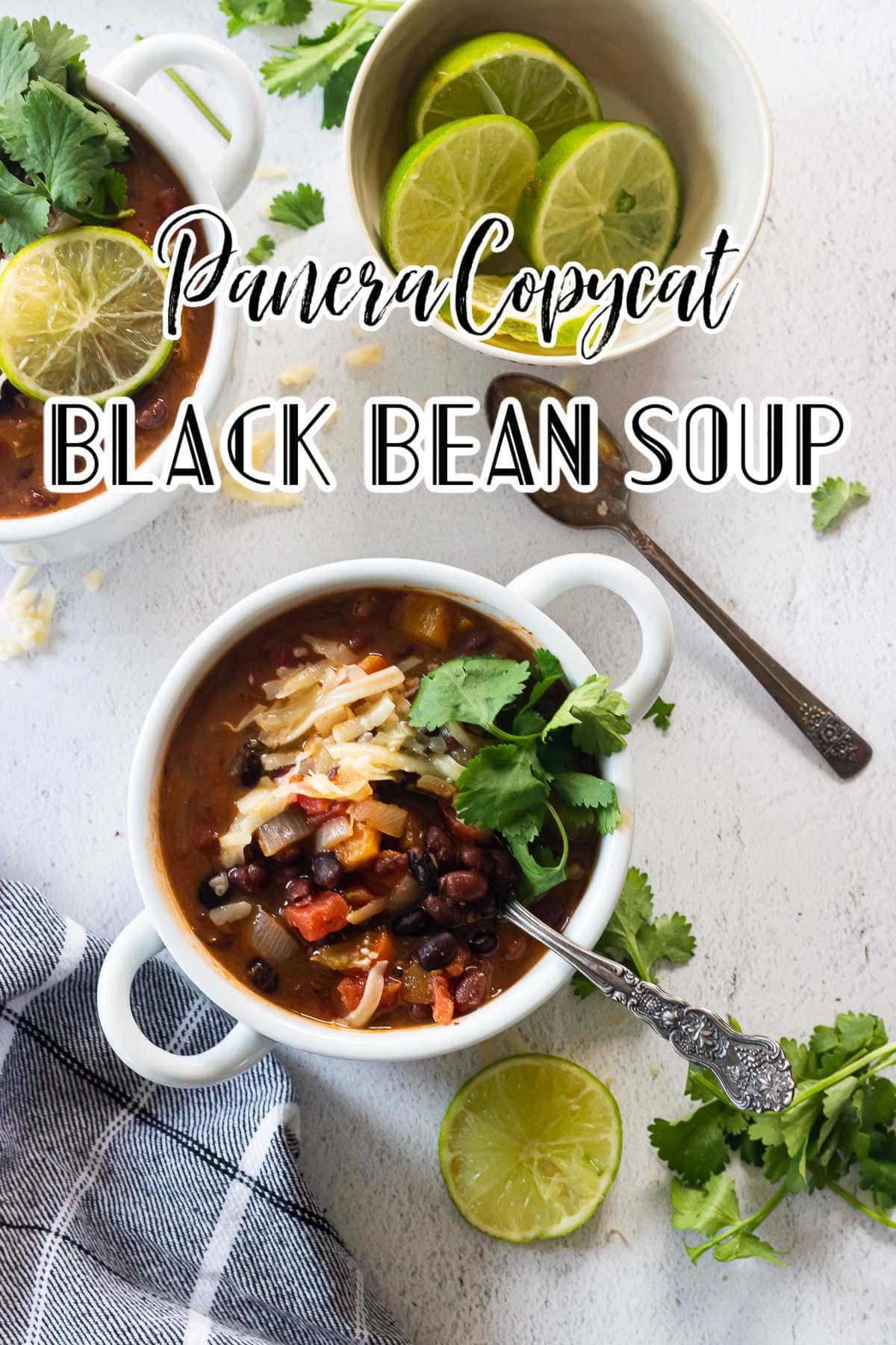 A bowl of black bean soup with title text overlay.