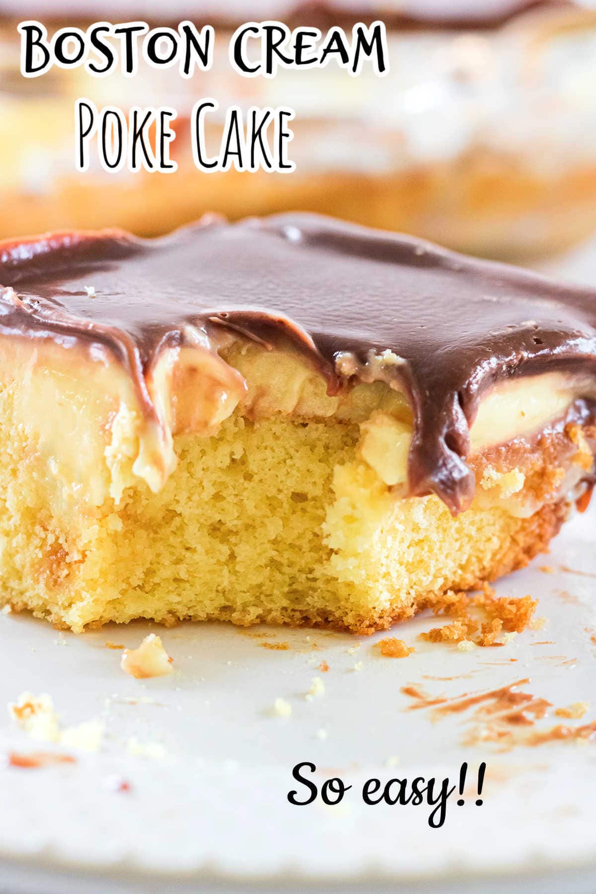 Chocolate ganache dripping down the side of a serving of cake. Title text overlay.