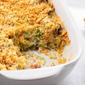 Closeup of the broccoli cheese casserole showing the texture of the topping.