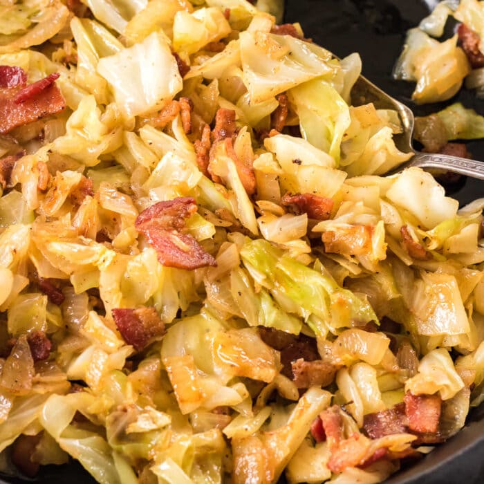 Close up of the finished cabbage side dish.
