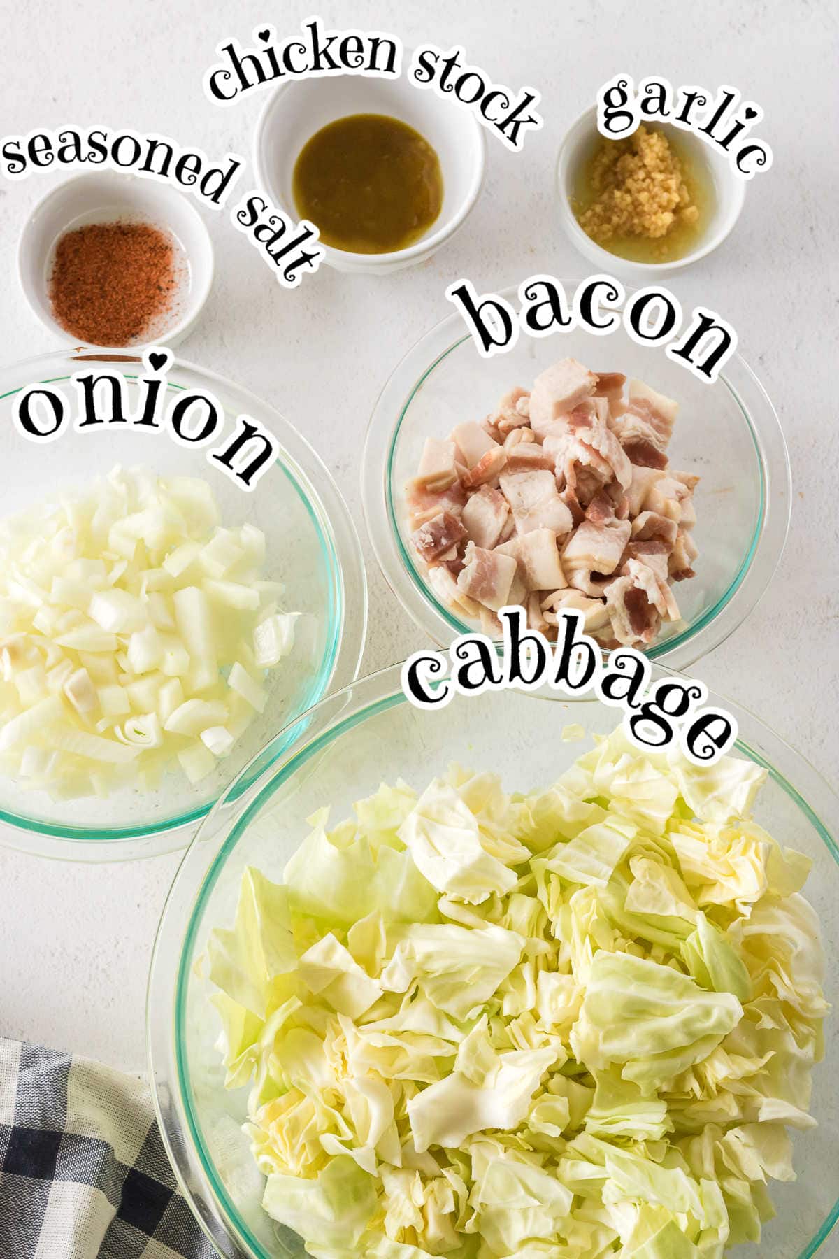 Labeled ingredients for fried cabbage recipe.