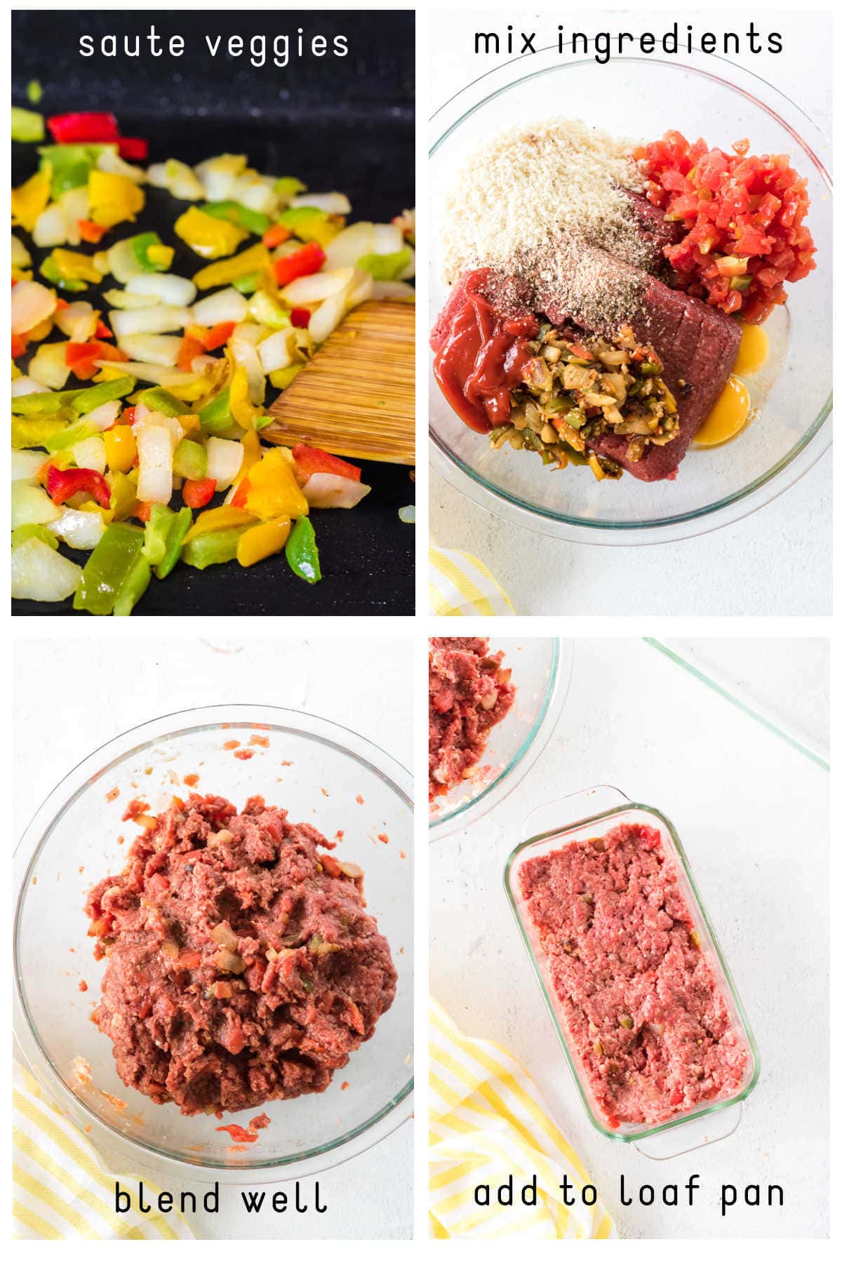 Steps for mixing and forming the meatloaf recipe.