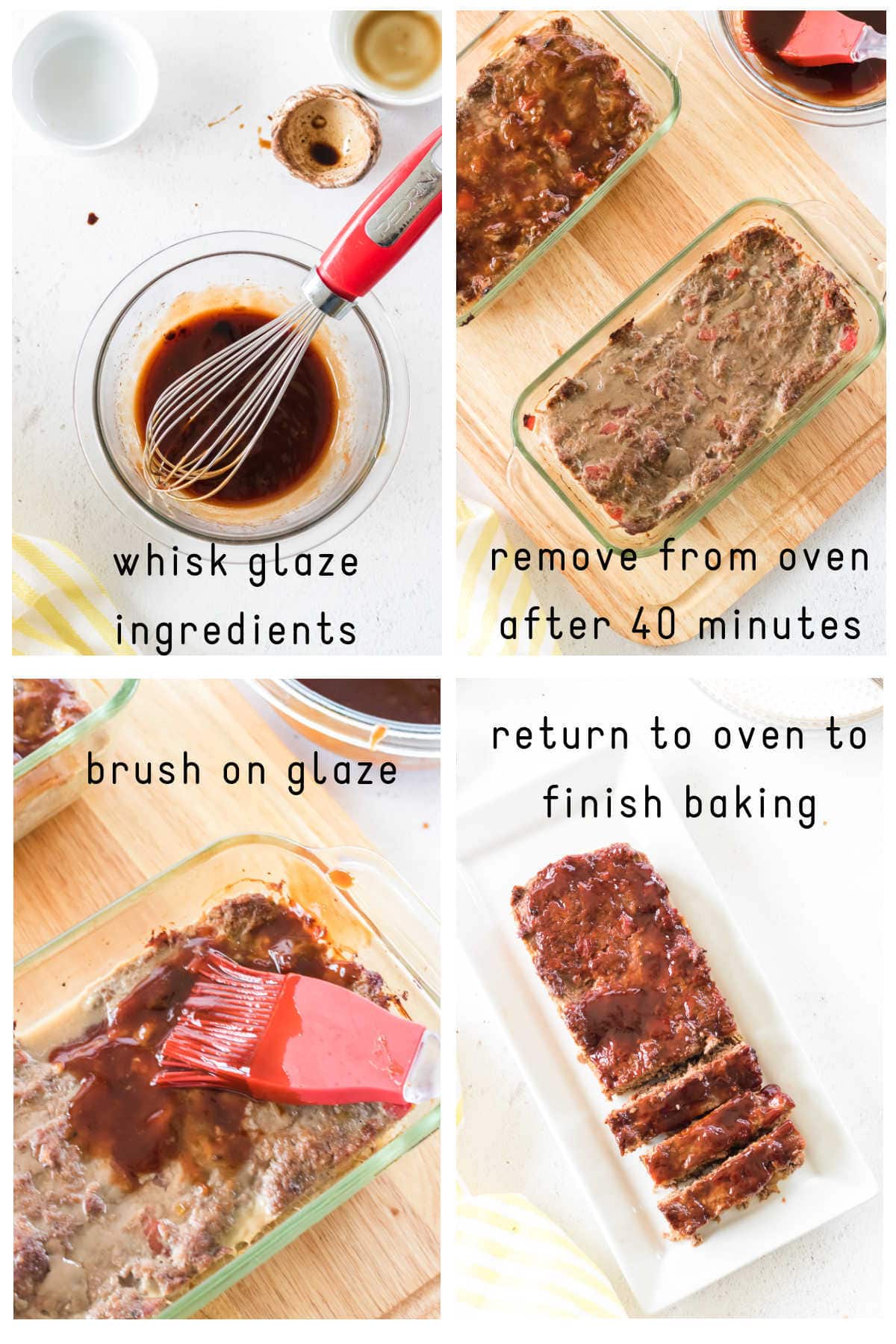 Step by step images for making the glaze and glazing the meatloaf.