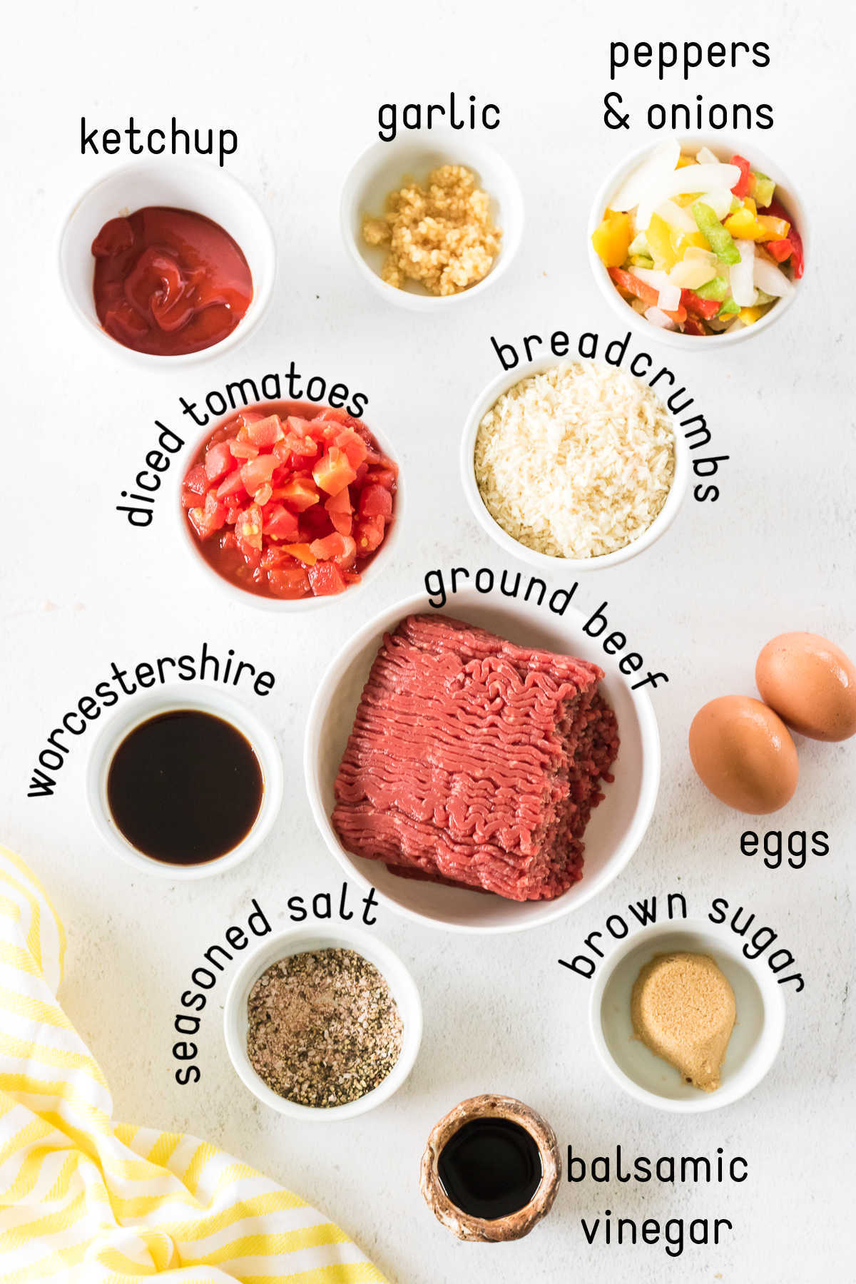 Labeled ingredients for homemade meatloaf.