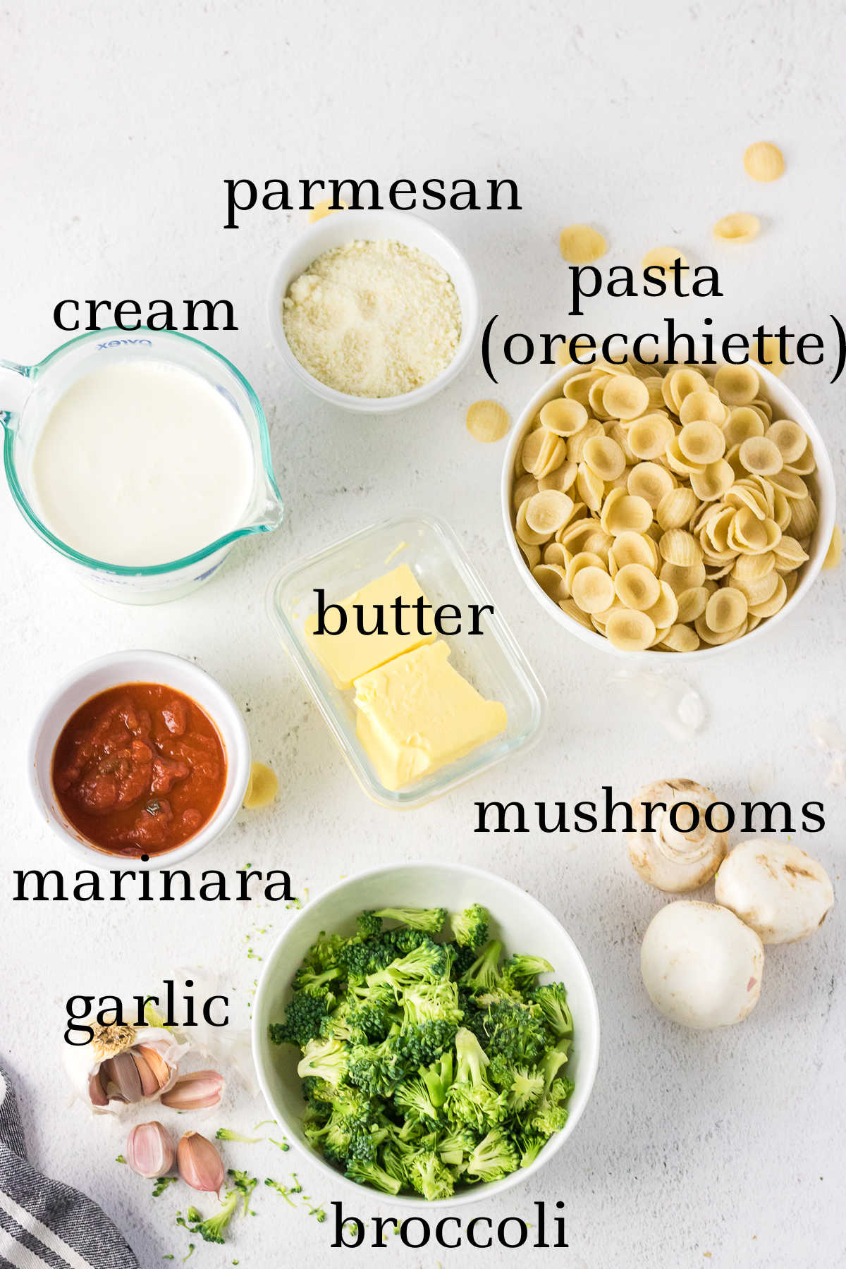 Ingredients for pasta with broccoli.