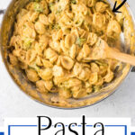 Overhead view of pasta in a bowl with text overlay for Pinterest.