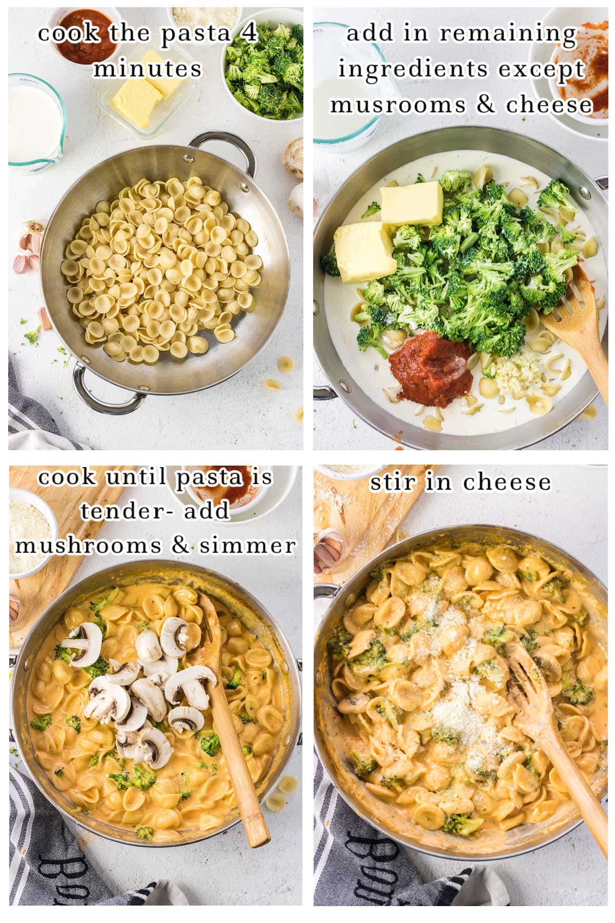 Step by step images showing how to make pasta con broccoli.